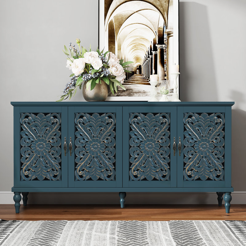 Buffet rétro 62 "avec tablettes réglables et 4 portes, buffet avec creux sculpté, Bleu