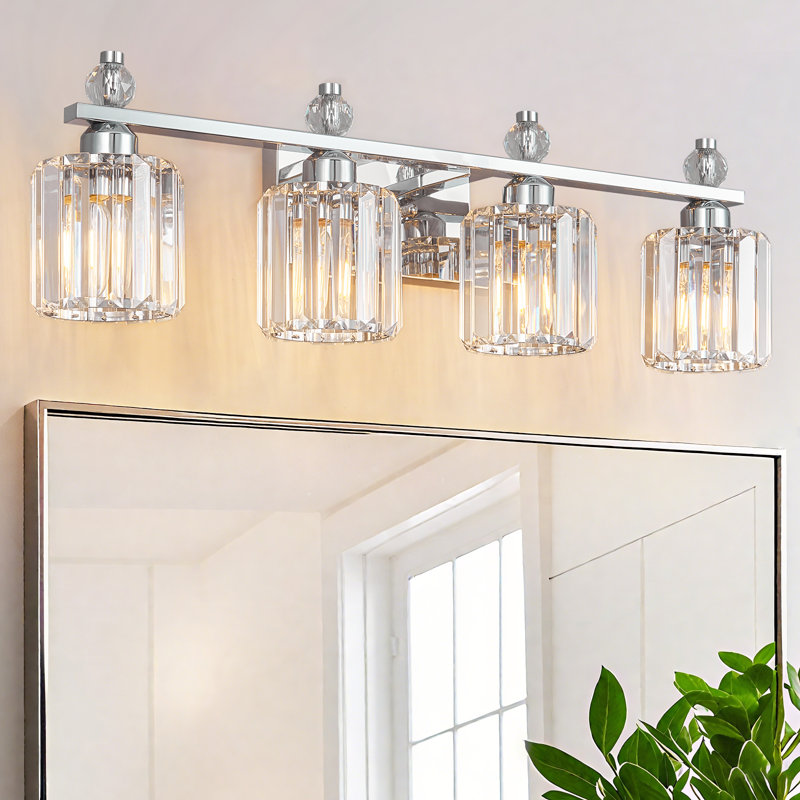 Lampe de meuble-lavabo moderne en cristal avec abat-jour cylindrique, Chrome, Quatre lumières