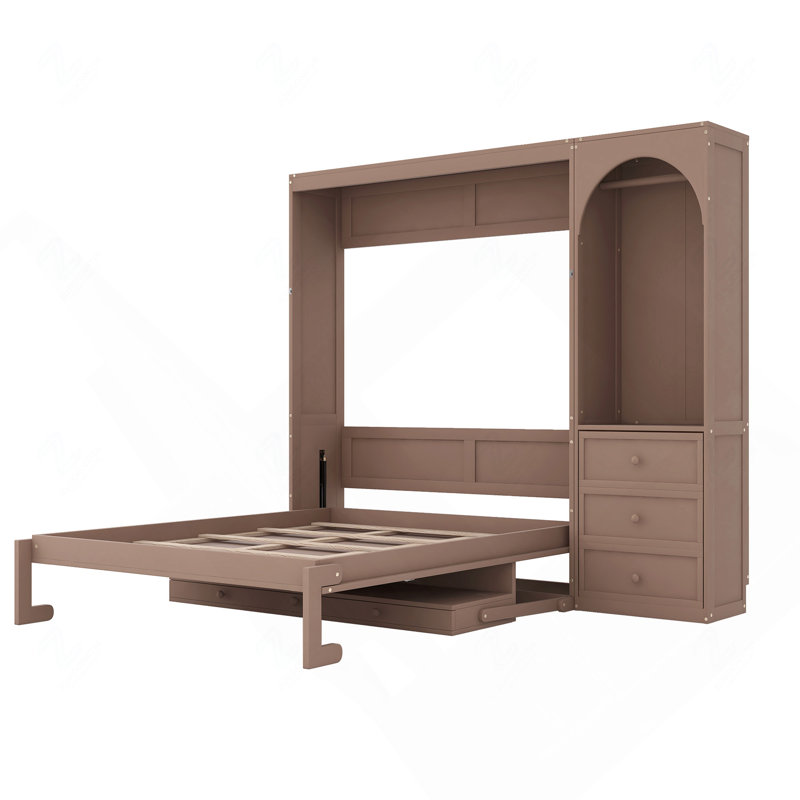 Lit escamotable Queen Size avec tablette de rangement supérieure, tringle à vêtements, éclairage DEL et 3 tiroirs, brun