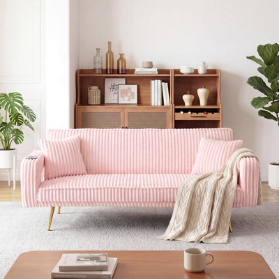 74.01 inch straight corduroy sofa bed with pillows, adjustable in three levels, designed in a minimalist style, suitable for use in living rooms and study rooms. pink