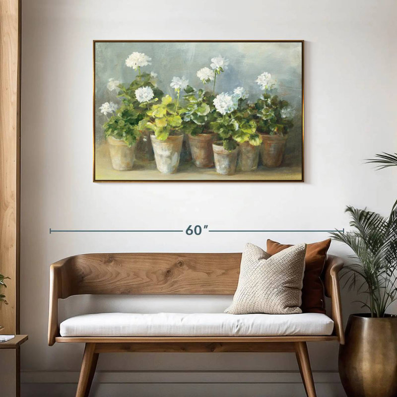 White Geraniums Crop, 43" X 29", Floating Frame Gold