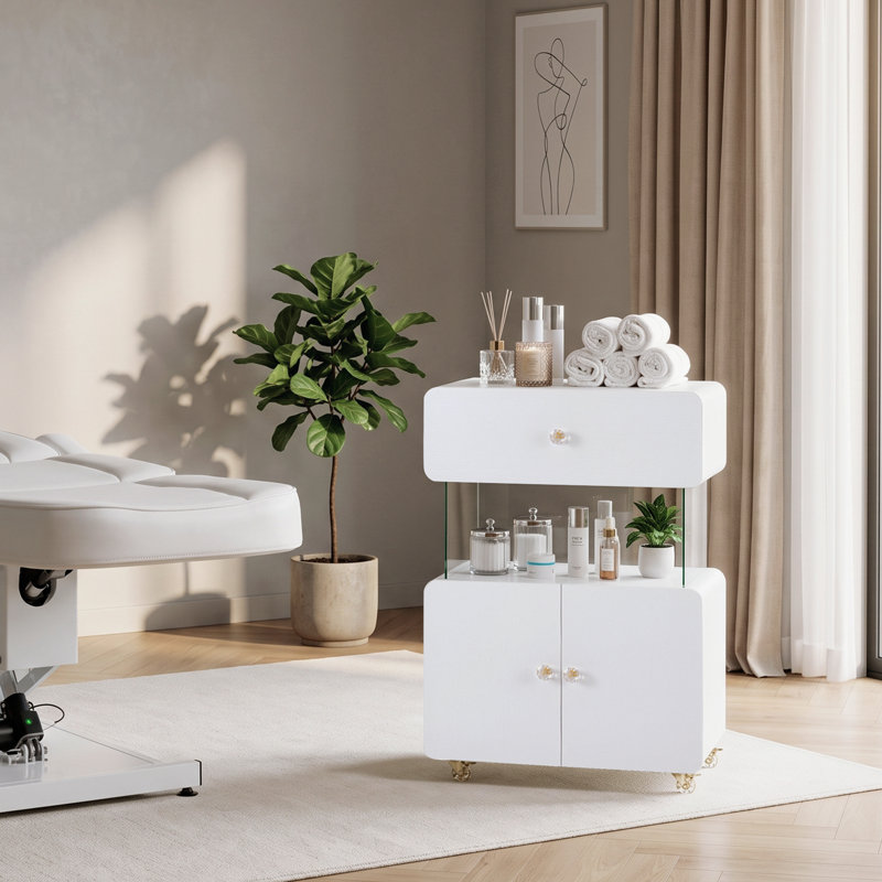 Chariot utilitaire avec tablette en verre et armoire, chariot de rangement roulant pour salon