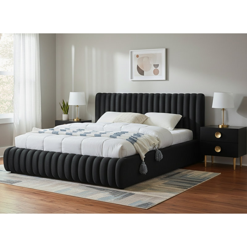 Tufted Panel Bed, Full, Black Velvet