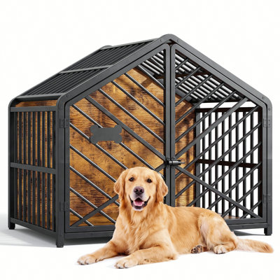 35.4" Dog Crate Furniture with Roof-shape and X-Frame, Large Dog Kennel with Bone Name Tag for Large dogs, Brown