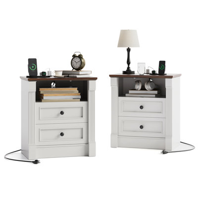 23.6" Set of 2 Farmhouse Nightstand with Charging Station and 3 Drawers, Roman Column Design Wood End Table for Bedroom or Living Room