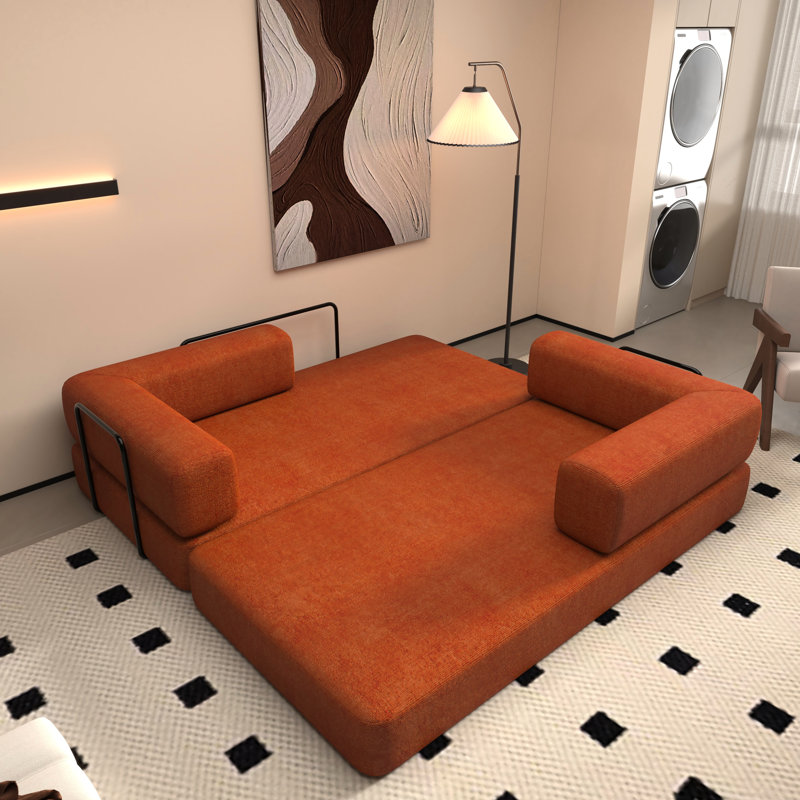 Velours côtelé orange, lit convertible au sol, 3 places, canapé-lit pliant, structure en métal, dossier moelleux, accoudoirs carrés, mousse à mémoire de forme rouge, matelas, accoudoirs