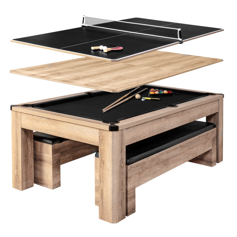 American Legend 7' Hampton 3-in-1 Combination Table Includes Billiards, Table Tennis, and Dining Table with Dual Storage Bench Seating