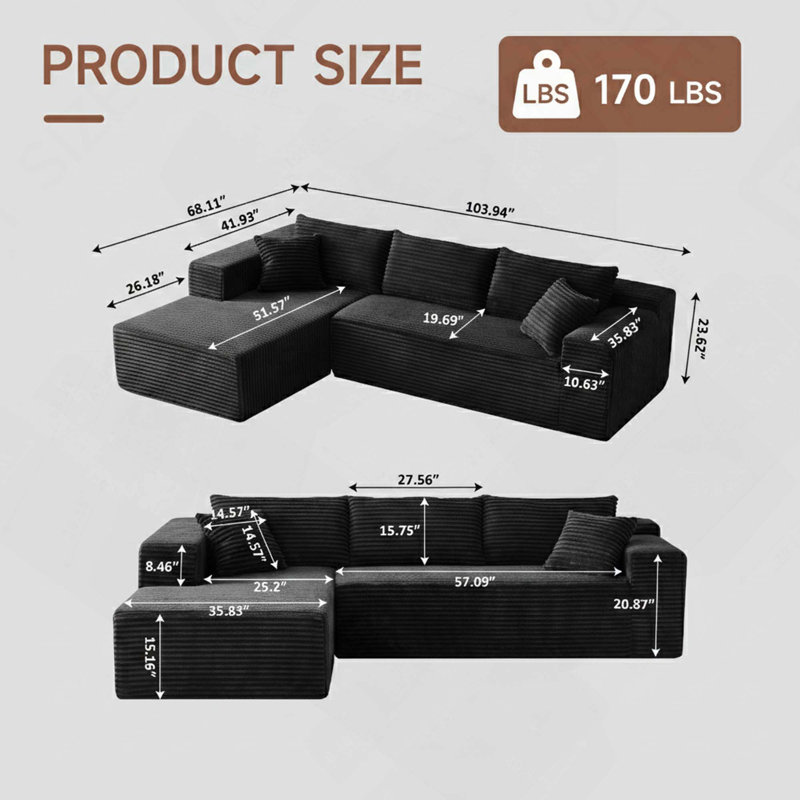 Boneless 103.54 Inch L-Shaped Modern Modular Sectional Sofa With Chaise And Pillows Featuring High-Density Sponge And Velvet Upholstery