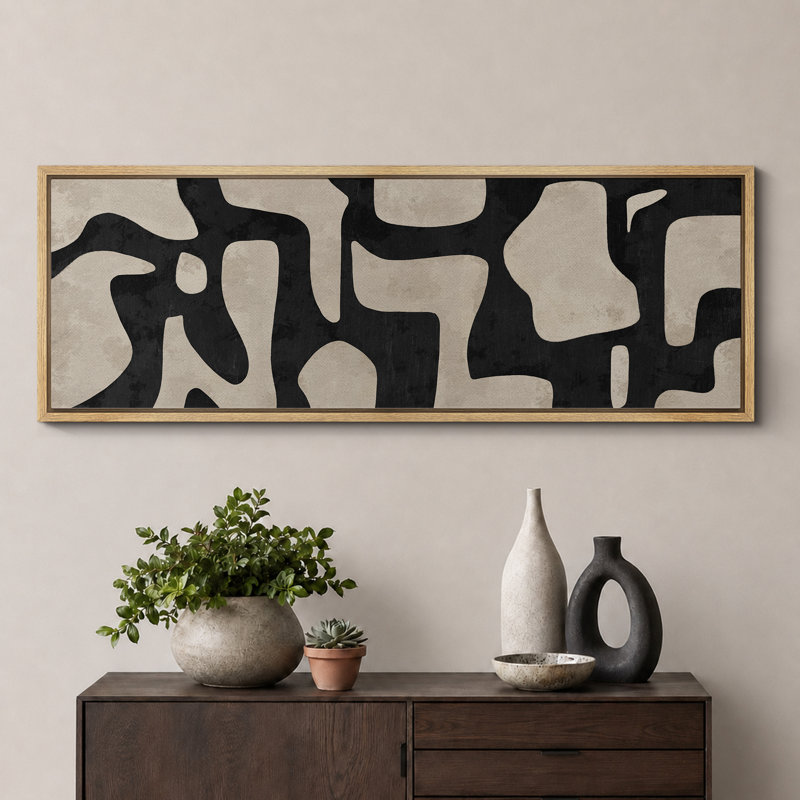 Contours abstraits de forme Mid-Century, œuvre d'art beige et noir, décoration de chambre à coucher rétro, très grande impression sur toile encadrée