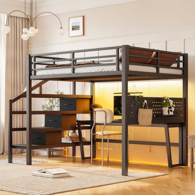 Lit mezzanine en métal (taille standard) avec escalier de rangement, bureau amovible, port USB, éclairage DEL, tiroirs en tissu, panneau perforé et barrière de sécurité sur toute la longueur, noir