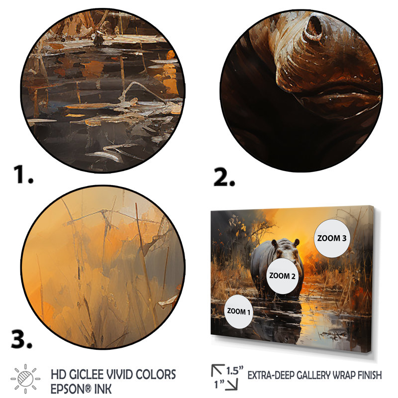 Hippopotame, roi de la savane 3 - art mural hippopotame, Cadre d'angle fermé noir, H 30 po x l 40 po x P 1,5 po