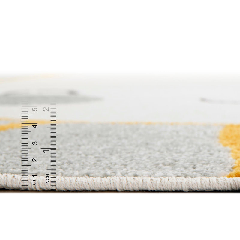 Whimsy Gray and Yellow Round Kids Synthetic Rug
