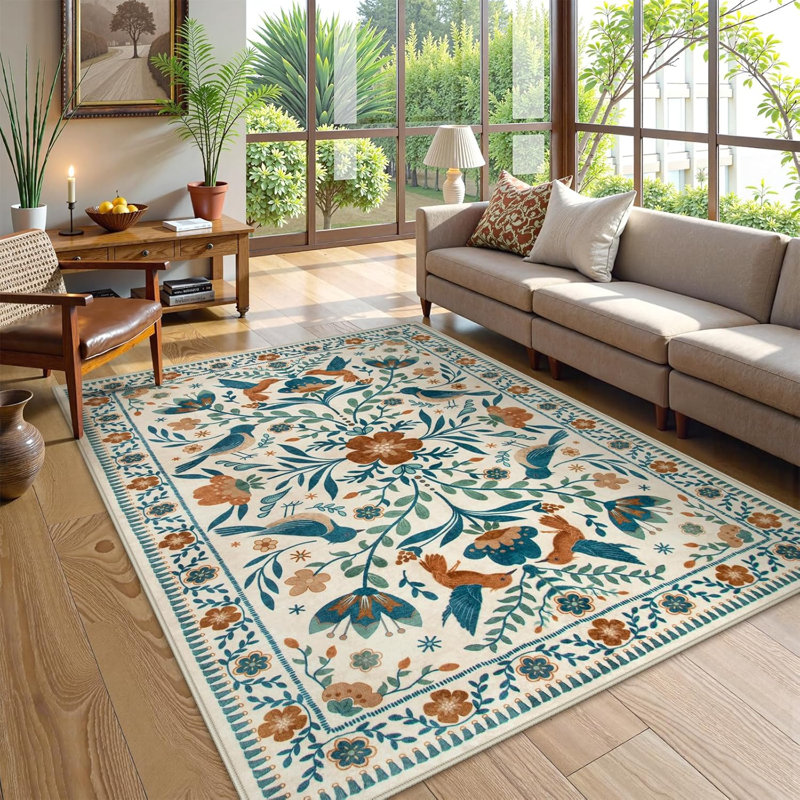  Goldene Boho Washable Botanical Beige Area Rugs for Living Room, Low-Pile Floral Rug with Non Slip Backing For Bedroom Dining Room