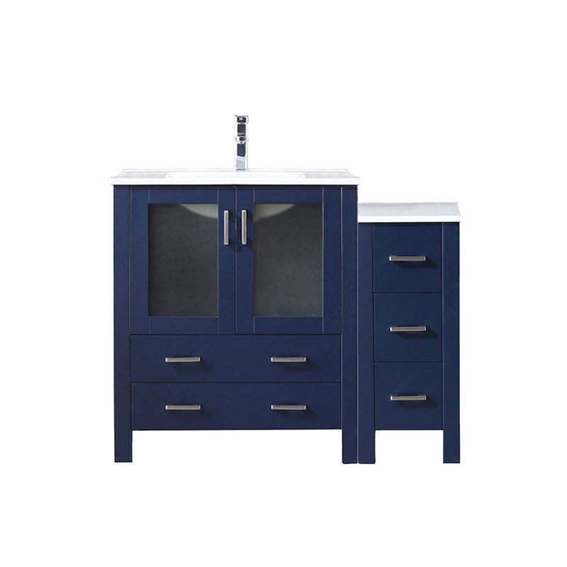 Meuble-lavabo simple bleu marine 42 po Largeur, armoire latérale, plateau en céramique blanche, robinet, fermeture en douceur, 5 tiroirs et rangement intérieur large pour la salle de bain avec surface, robinet, système de fermeture, 1