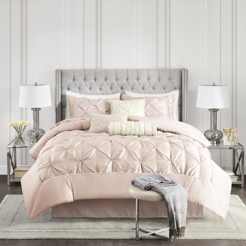 Édredon 7 pièces grand rosé - magnifique décor de chambre à coucher, comprend édredon, taies décoratives, coussins, jupe de lit, literie de charme, jupe décorative 2 et 3