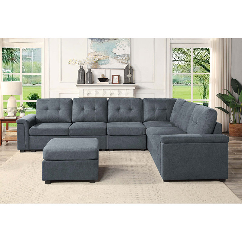 Canapé modulaire en tissu tissé 7 places avec repose-pieds Isla, Orienté à droite