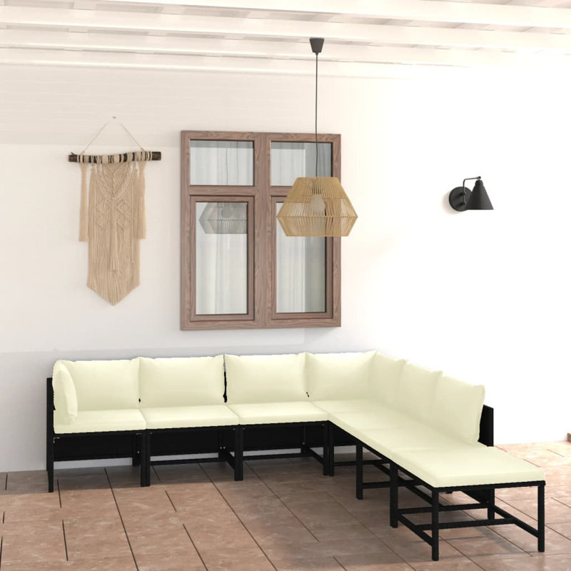 7 Piece Patio Lounge Set with Cushions, Black, Cream White