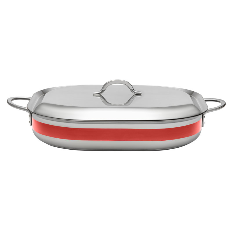 Bon Chef Stainless Steel Rectangle Braiser with Lid, Red, 5 qt.