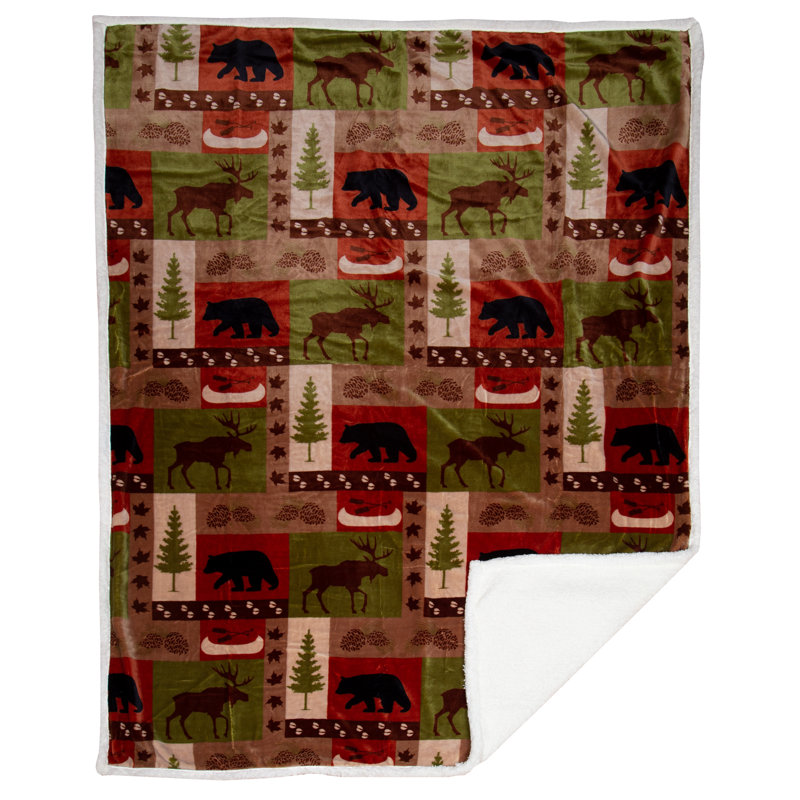 Rustic Patchwork Lodge Reversible Sherpa Fleece Throw Blanket