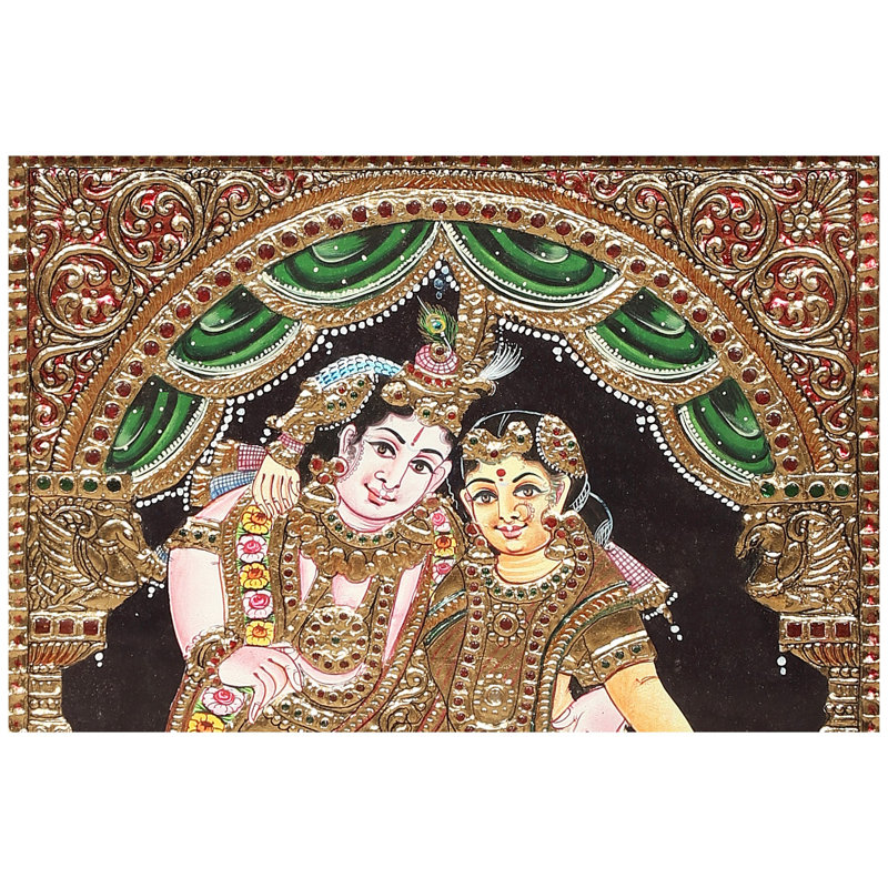 Peinture de Radha Krishna Tanjore | Couleurs traditionnelles avec or 24 carats | Structure en bois de teck | Or et bois