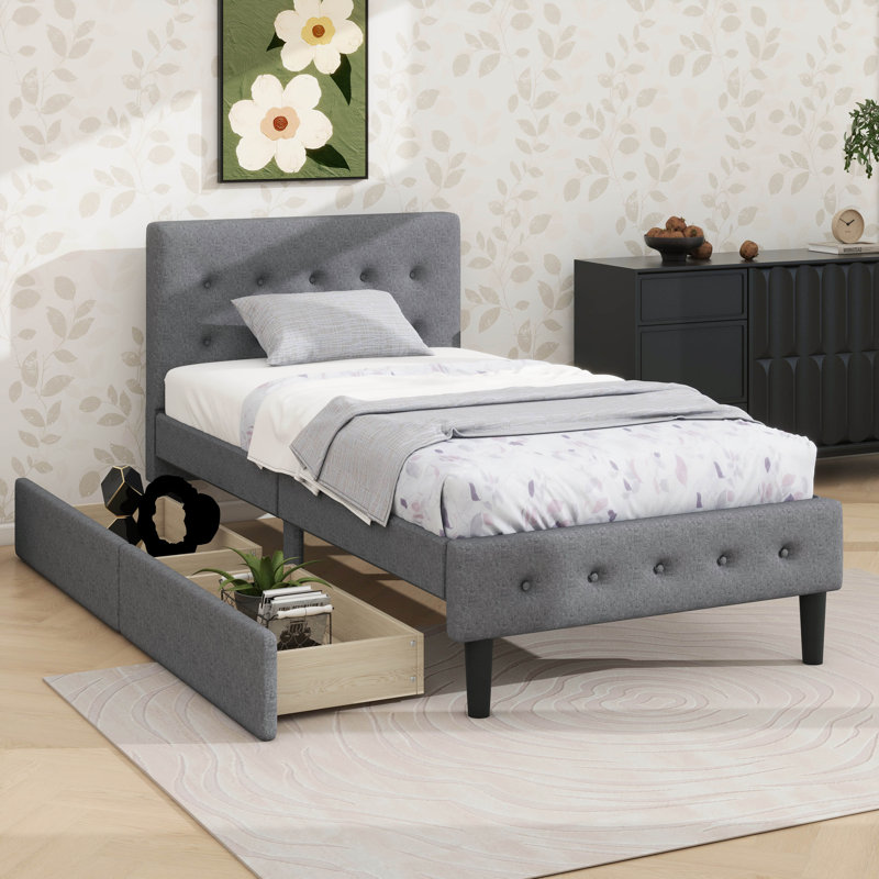 Lit plateforme simple tapissier avec 2 tiroirs, Gris