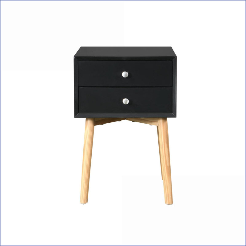 Mid-Century Modern Black Nightstand with 2 Drawers &amp; Rubber Wood Legs