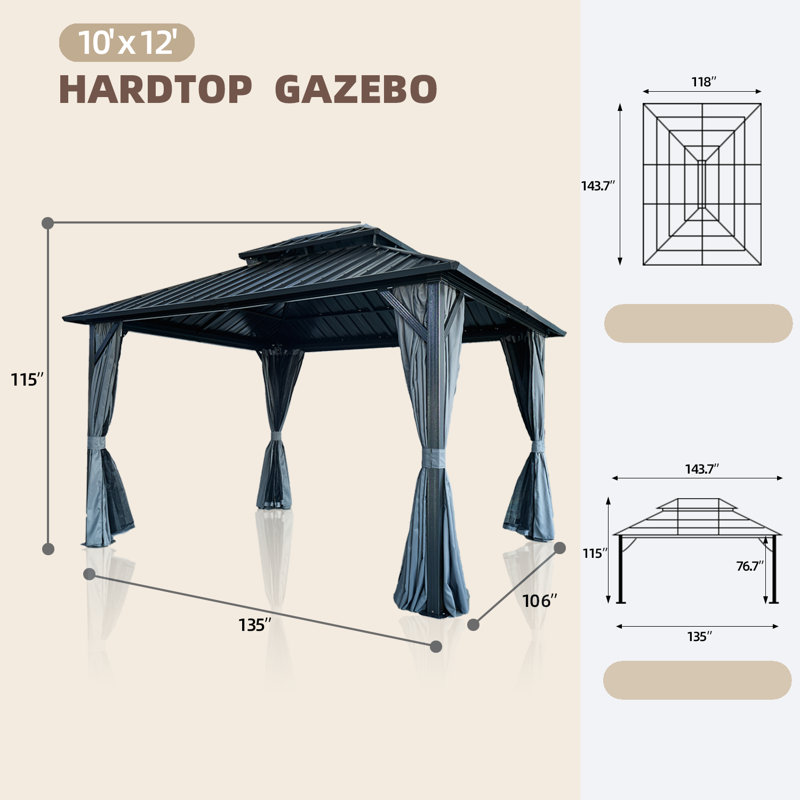 Pavillon de jardin 10 pi x 12 pi avec toit double en acier galvanisé, structure en aluminium robuste, rideaux et filet pour patio, pelouse et jardin 