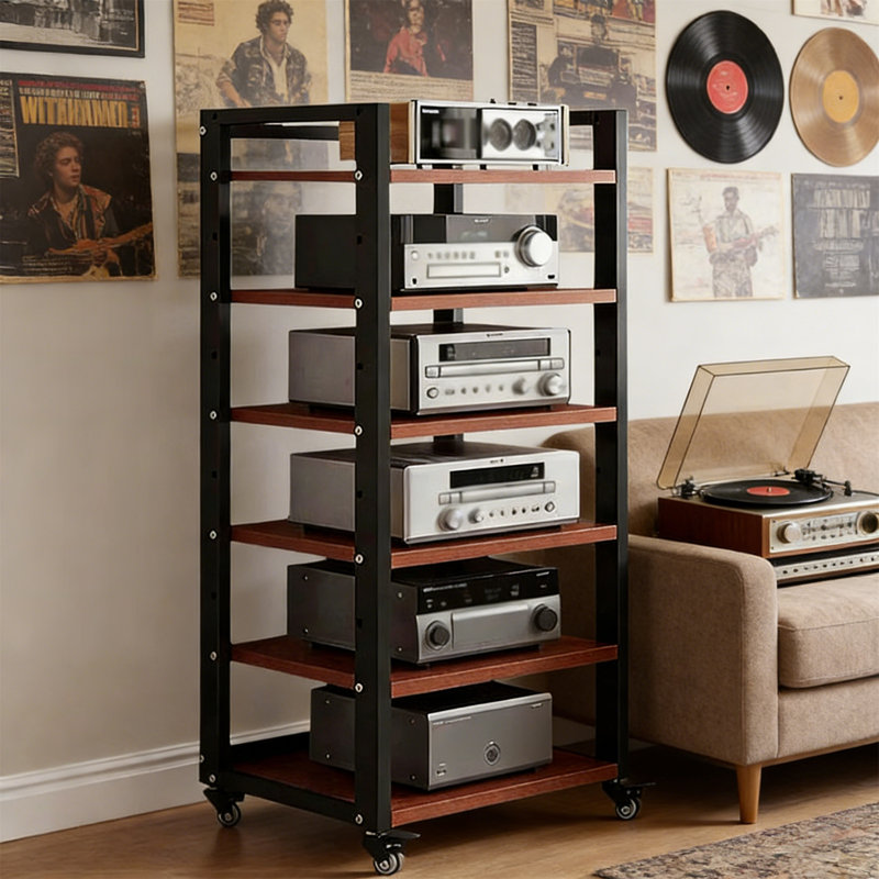 6-Tier Audio Rack Tower With Adjustable Wooden Shelves, High Weight Capacity