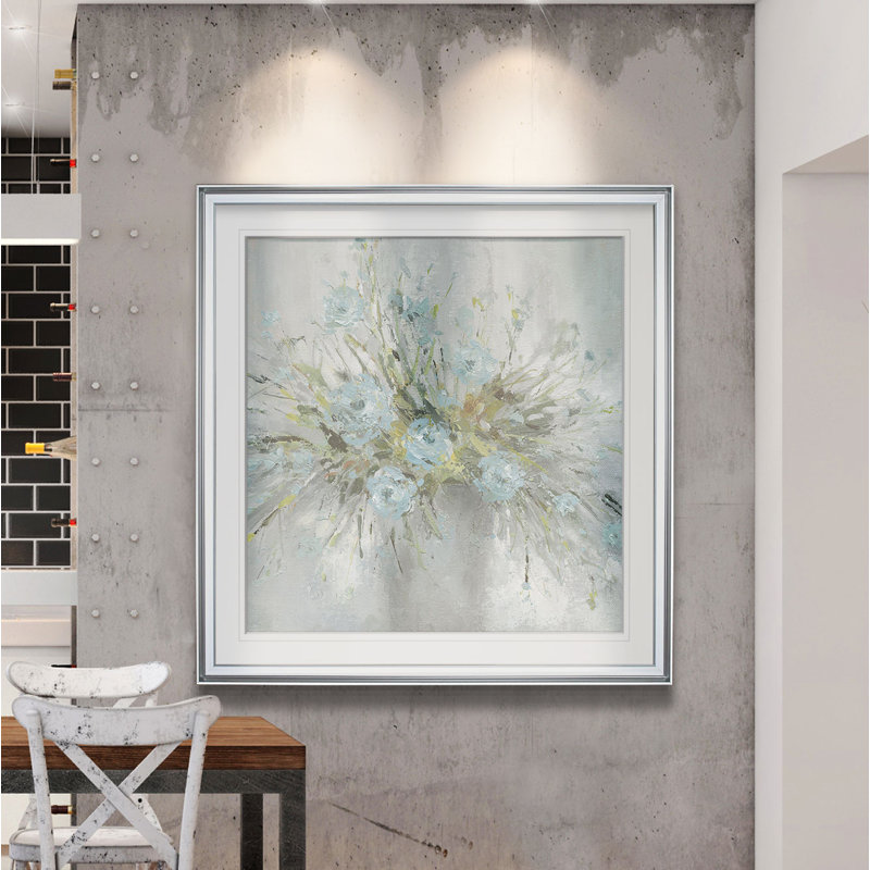« bouquet de bleu », peinture, H 16 po x l 16 po x P 2 po, Cadre argenté