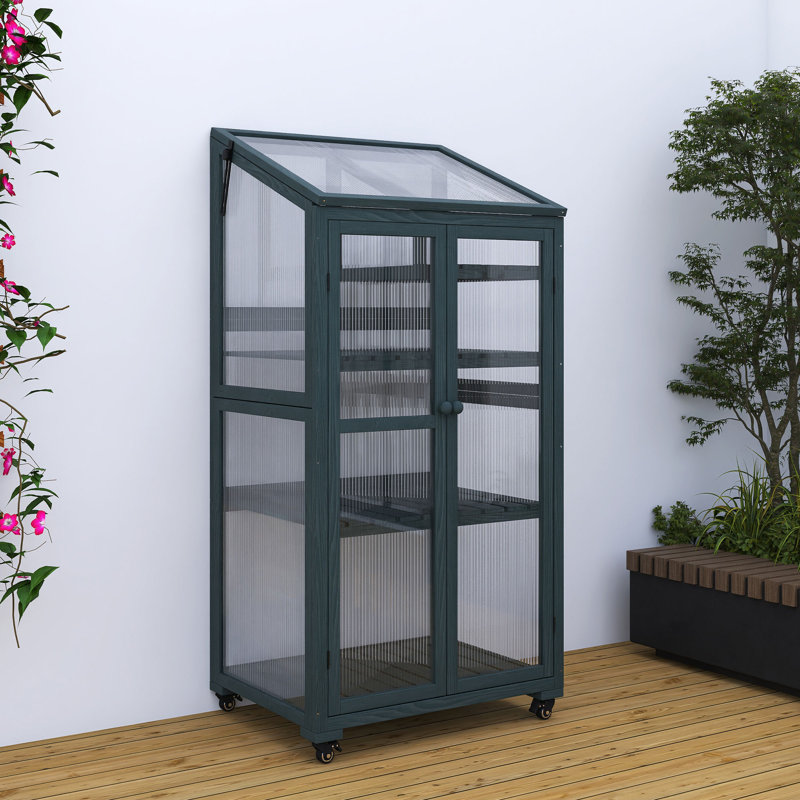 62 In. Wood Portable Greenhouse With Wheels And Adjustable Shelves, Forest Green