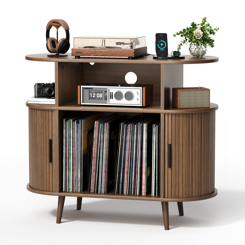 Pamapic Record Player Stand,Vinyl Record Storage with Power Outlet,Vinyl Holder with 3CD Rack,Walnut