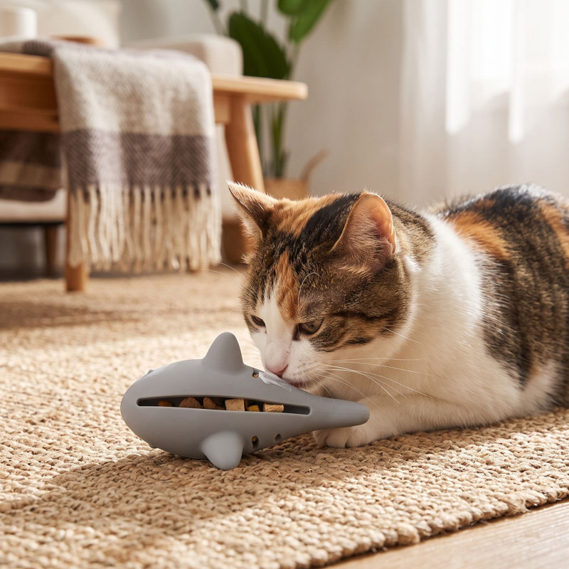 Polyester pets toy Fish-Shaped Silicone Treat Toy Holds Dry Food For Cats Play, Gray