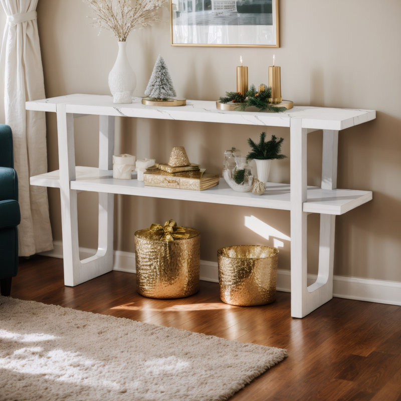 Narrow Console Table with Marble Effect Top, Retro Entryway Table with Open Shelf,Antique White