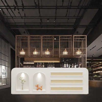 94.48 Inches Bar Counter Front Desk with Dual Countertops, Wine Storage, Lockable Drawers, and Cabinet Storage