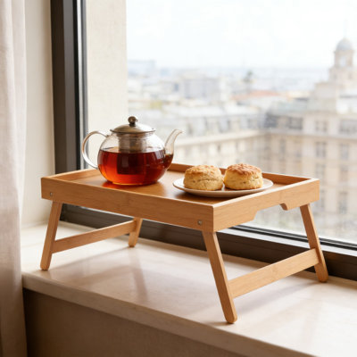 Table-plateau en bambou avec pieds pliables et garde-corps, petit-déjeuner portable et plateau pour ordinateur portable pour lit, canapé ou canapé