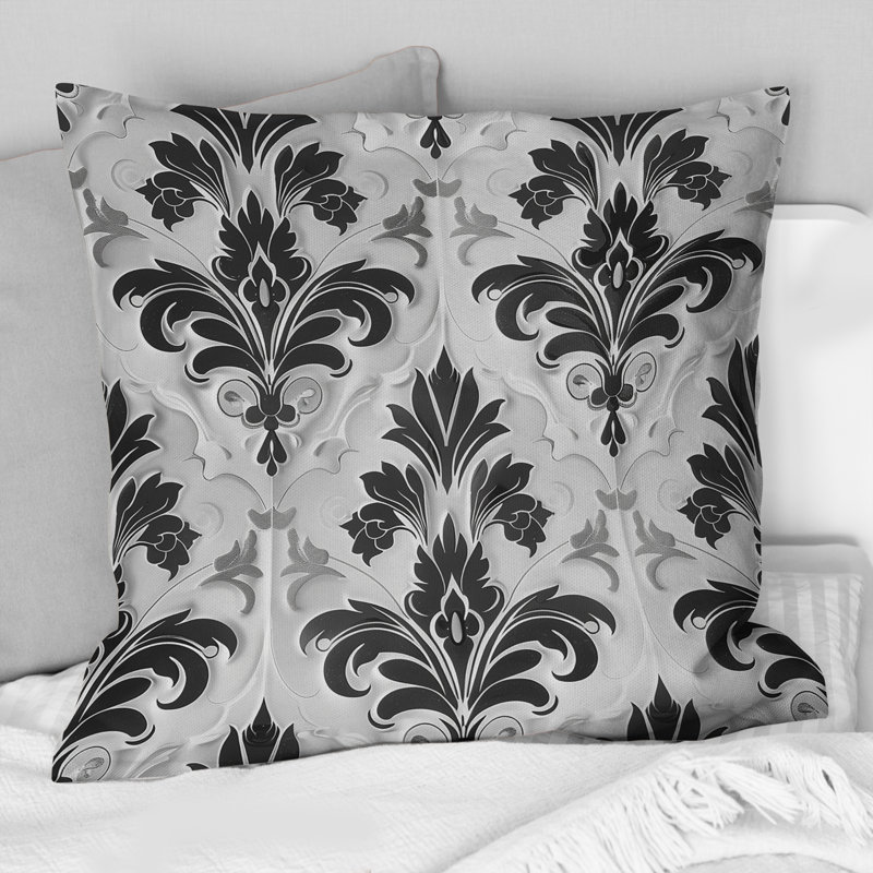 Coussin décoratif noir et blanc damassé Glamour IV, H 16 po x l 16 po
