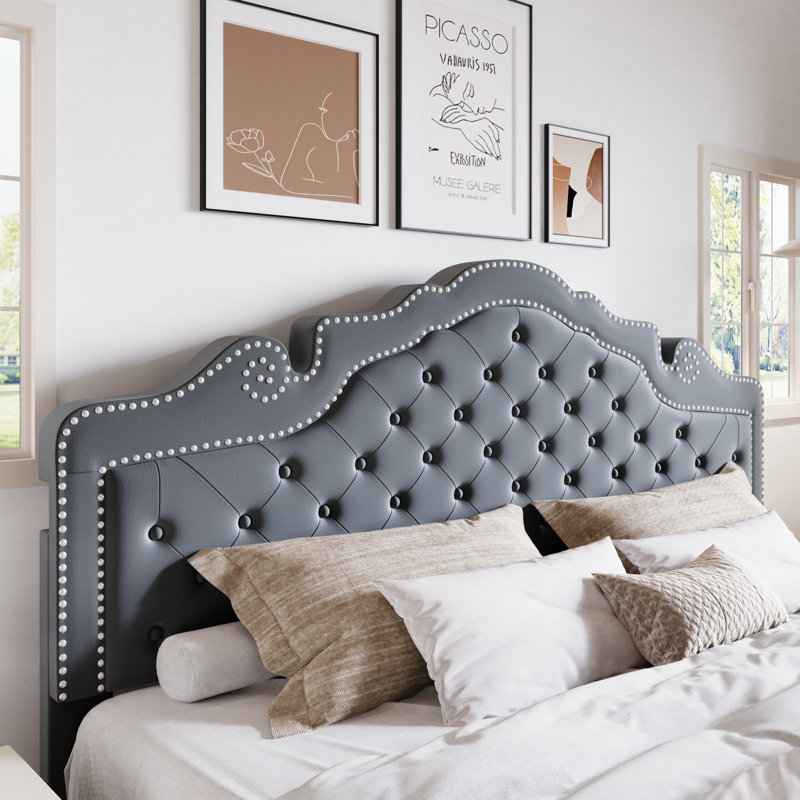 Tête de lit plateforme capitonnée en velours Antonious avec hauteur ajustable à 3 niveaux, sans sommier, rangement sous le lit, très grand lit, gris