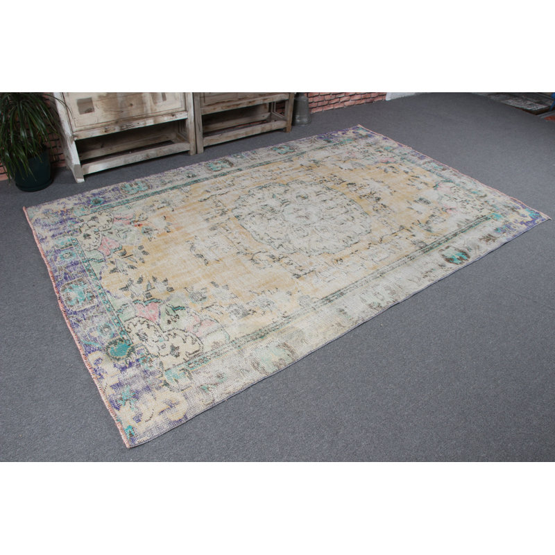 Grand tapis turc Oushak rétro délavé en jaune pour la chambre à coucher et le salon