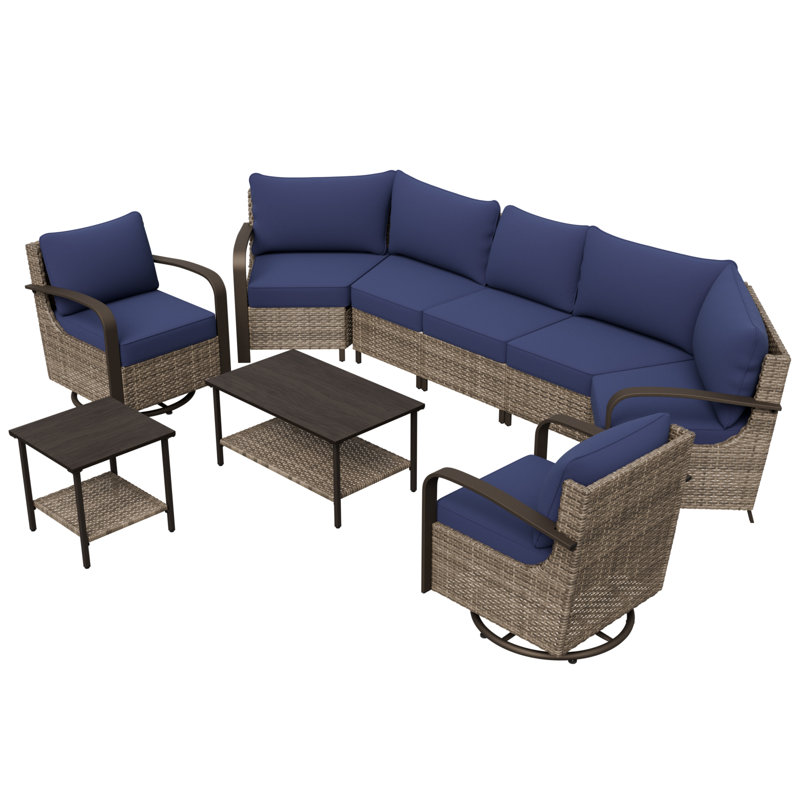 Ensemble de conversation pivotant en osier avec coussins 9 pièces 9 pièces, Bleu très foncé