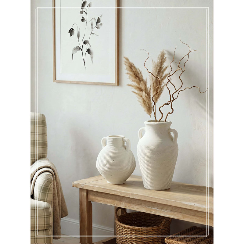 D8.1x9.8" Rustic White Terracotta Vase with Handles