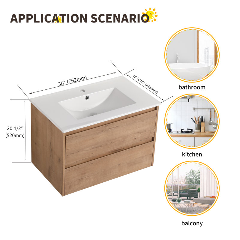 Iymona 30" Single Wall-Mounted Bathroom Vanity Set, Floating Bathroom Vanity with 2 Drawers, Ceramic Basin Sink Top, White