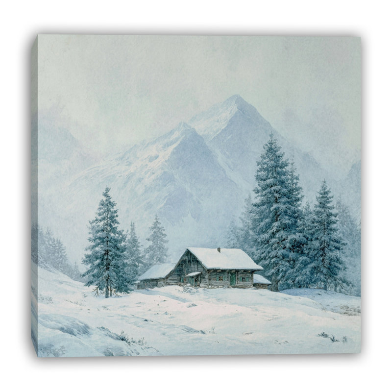 «Chalet in Winter Mist», art mural sur toile tendue, H 20 po x l 20 po