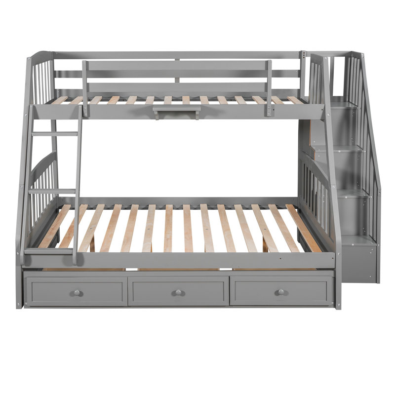 Twin-Over-Full Bunk Bed with Storage Drawers, Ladder & Stairs – Space-Saving, Durable Design for Kids & Teens, Gray