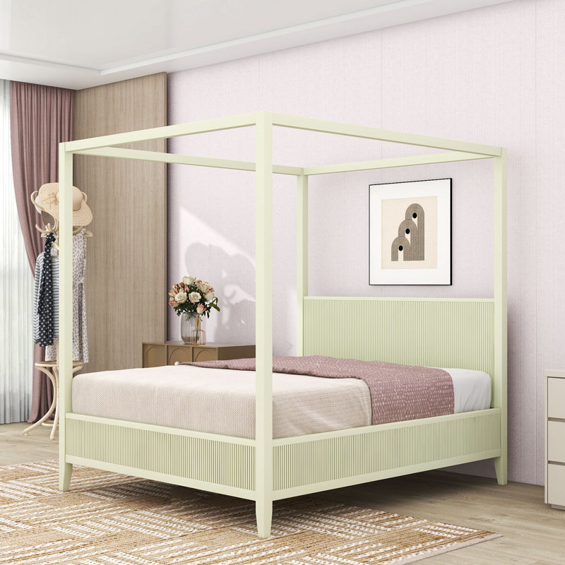Lit plateforme à baldaquin en bois avec tête de lit et lattes, Queen, Beige