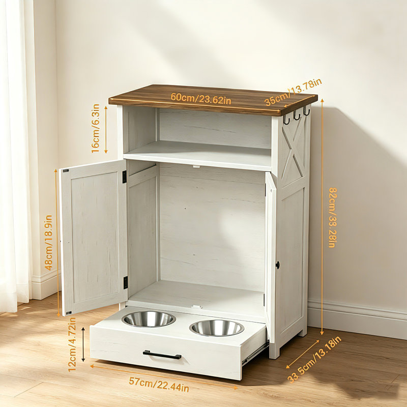 Station d'alimentation pour chien surélevée avec armoire de rangement, tiroir coulissant pour bol et crochets latéraux. Armoire de rangement multifonctionnelle pour aliments pour animaux.