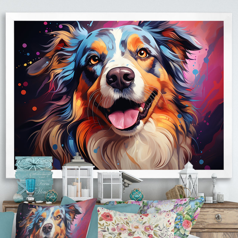 Chien, berger australien, Allure III, sur toile, Cadre simple blanc, H 24 po x l 32 po x P 1 po