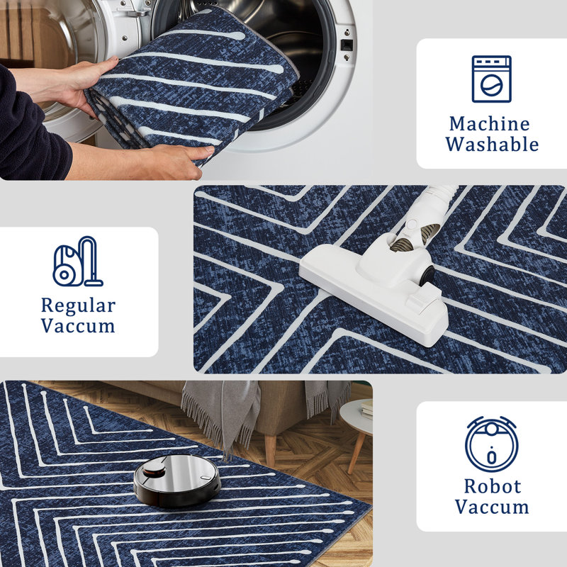 Tapis lavable moderne en polyester avec envers antidérapant, bleu, 8 x 10 pi
