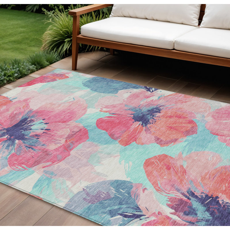 Tapis lavable extérieur floral rose et bleu ciel 10 pi x 14 pi