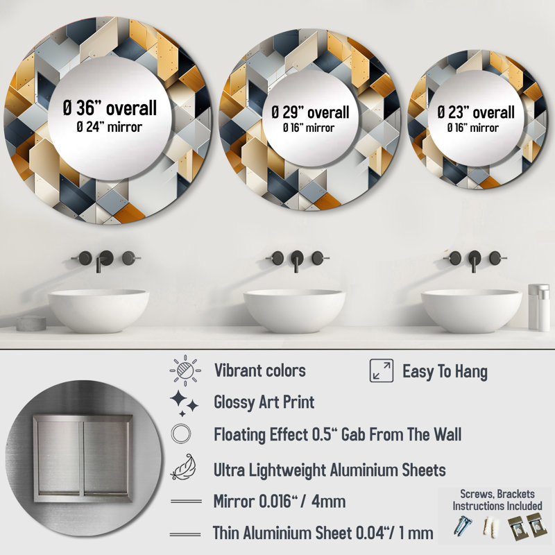 Romir Gray Hexagons Dreams - miroir mural géométrique, miroir décoratif rond gris, impression d'art en métal, 29 po x 29 po