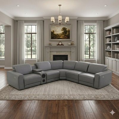 Grey Modern 6-Piece Power Faux Leather Reclining Sectional With Built-In Bluetooth Speakers, Smart Storage Console & USB Ports, U-Shaped Home Theater Sofa